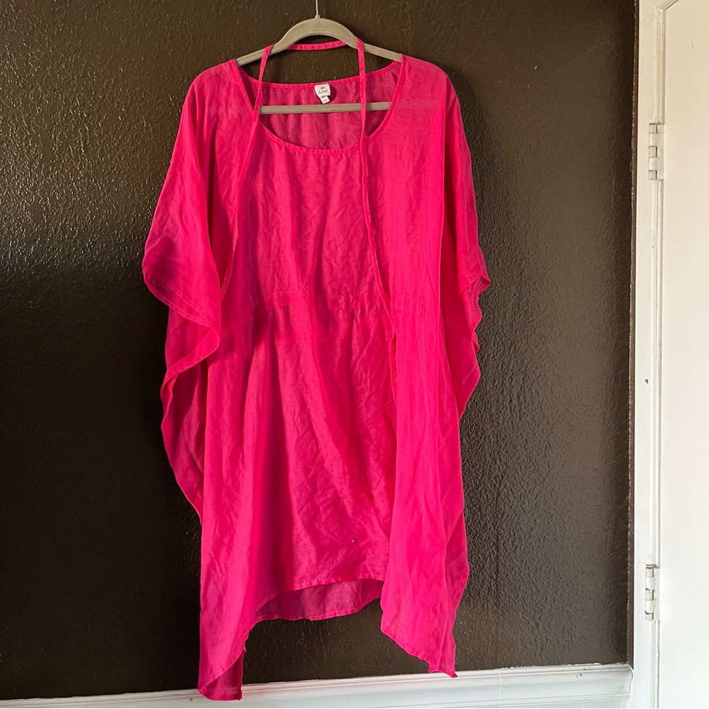 Pink Short Sleeve Sheer Knee Length Swim Cover Up, Drawstring Waist, Size Small
